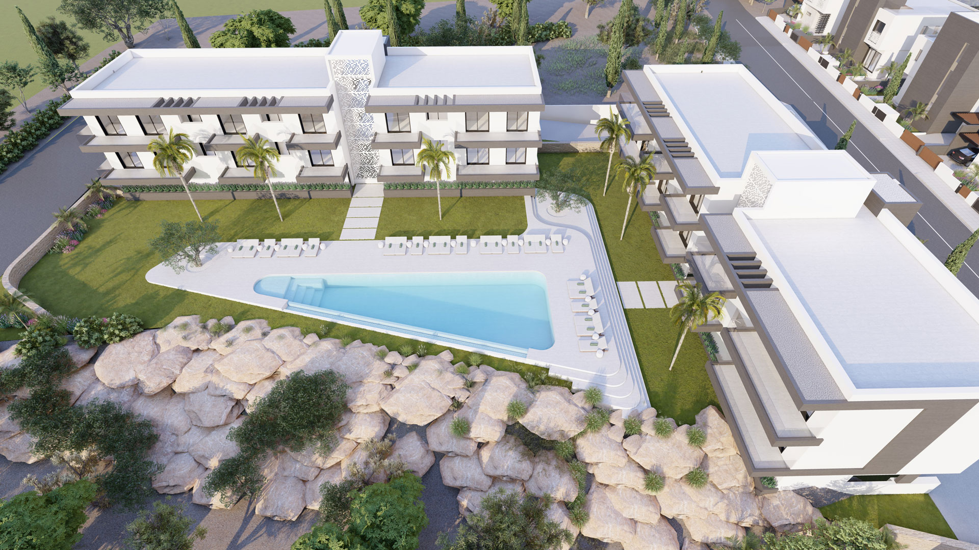 CGI Exterior of Apartments in Paphos at the Melrose Place Development by DNP Properties in Cyprus